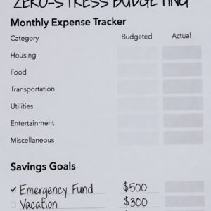 ZERO-STRESS BUDGETING Monthly Expense Tracker · Savings Goals · Net